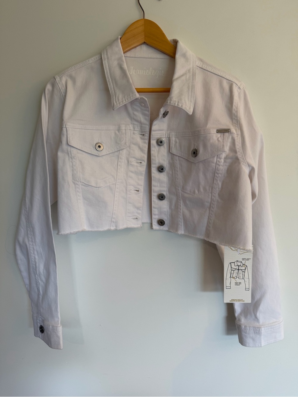 Jeanologie White Cropped Denim Jacket | Frayed Hem | Size Large | NWT